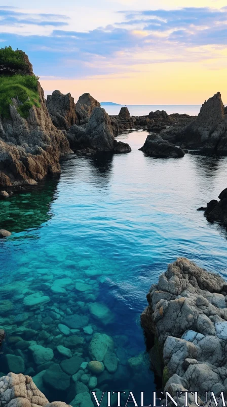 Tranquil Sunset at a Bay with Rocks and Water | Turquoise and White AI Image