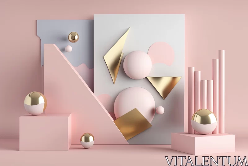 AI ART Abstract Decor in Pink and Gold Color Theme | Playful Geometric Shapes