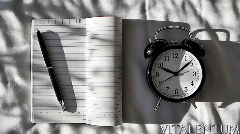 Captivating Composition: Open Notebook and Alarm Clock on White Surface AI Image