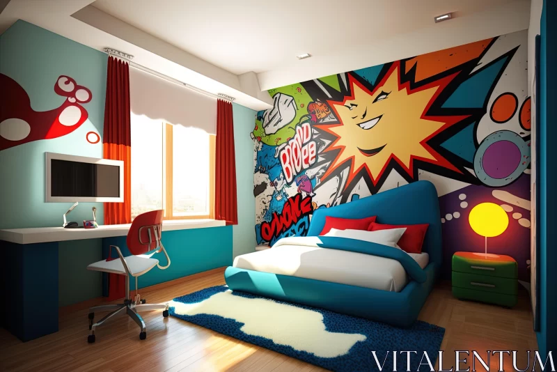 Comic Book-Themed Bedroom: Pop Art Illustrations and Color Splash AI Image