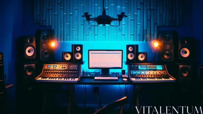 Dark Music Studio with Mixing Console and Computer AI Image