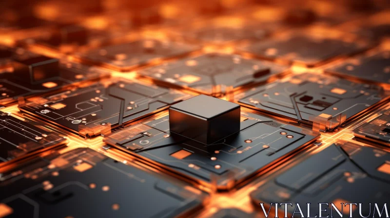 Futuristic Glowing Orange Electronic Circuit Board AI Image