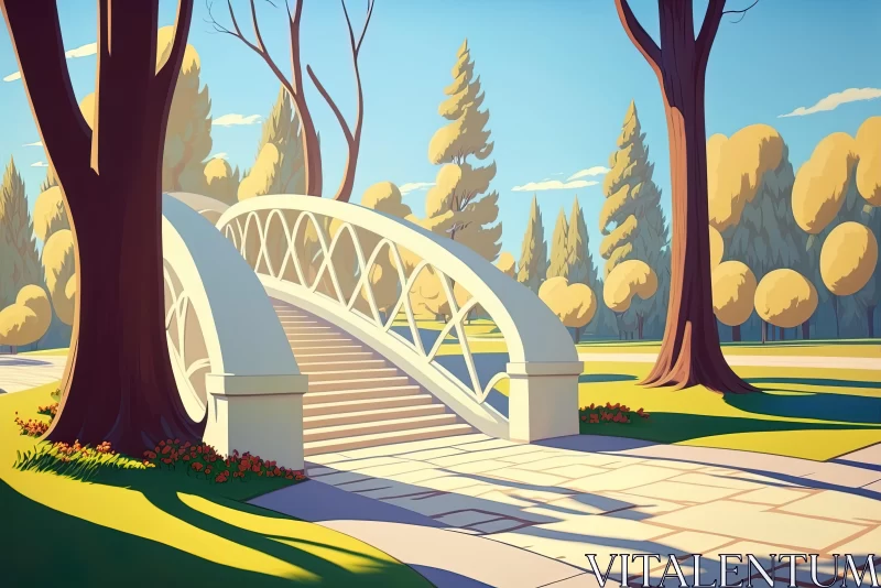 Graceful Wooden Bridge in Park: Art Deco-Inspired Digital Art AI Image