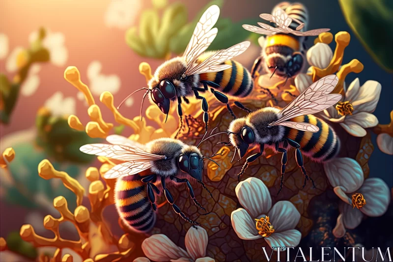 Intricate Depiction of Bees near Flower Bushes AI Image