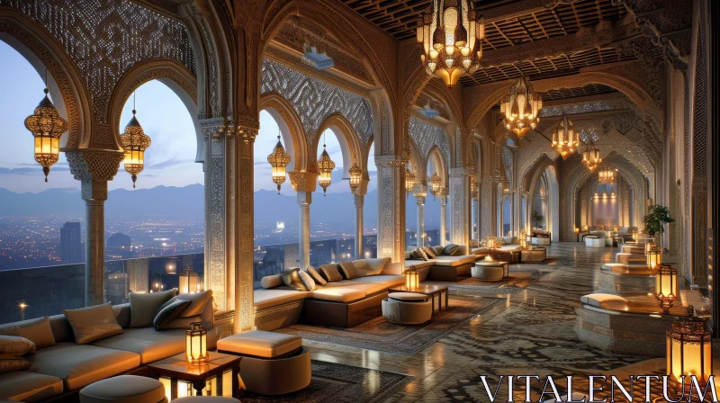 Luxurious Hotel Lobby with Breathtaking City Skyline View AI Image