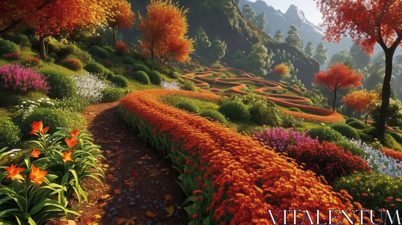 Serene Garden Landscape with Colorful Flowers and Mountains AI Image
