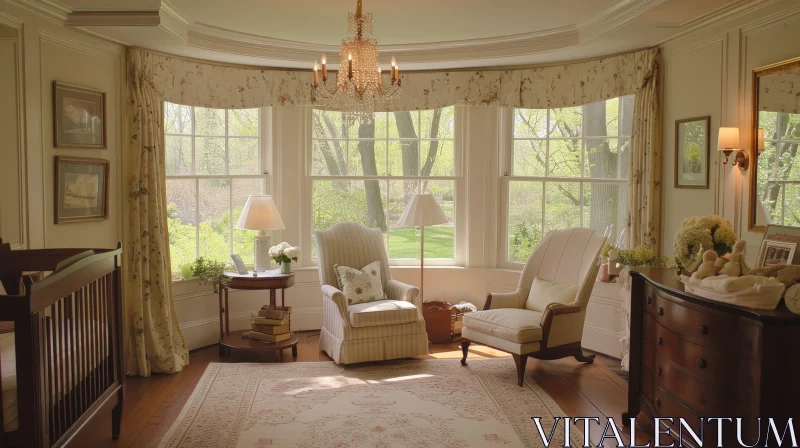 Stunningly Decorated Nursery with Bay Window View AI Image
