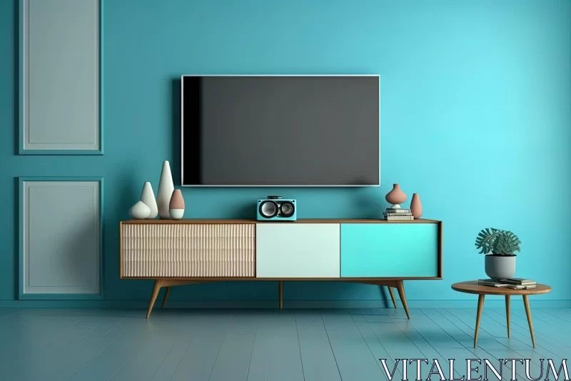 AI ART Vintage Modern Interior with Blue Wall and Retro TV Stand