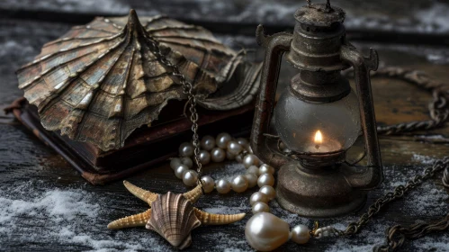 Captivating Still Life Composition: Lantern, Book, Pearl Necklace, Starfish