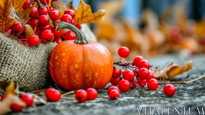 Captivating Still Life: Pumpkin and Red Berries on Wooden Table AI Image