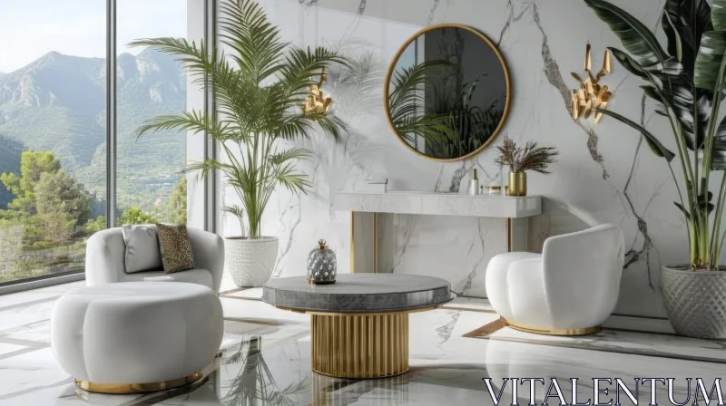 Elegant Living Room with Marble Walls and Mountain View AI Image