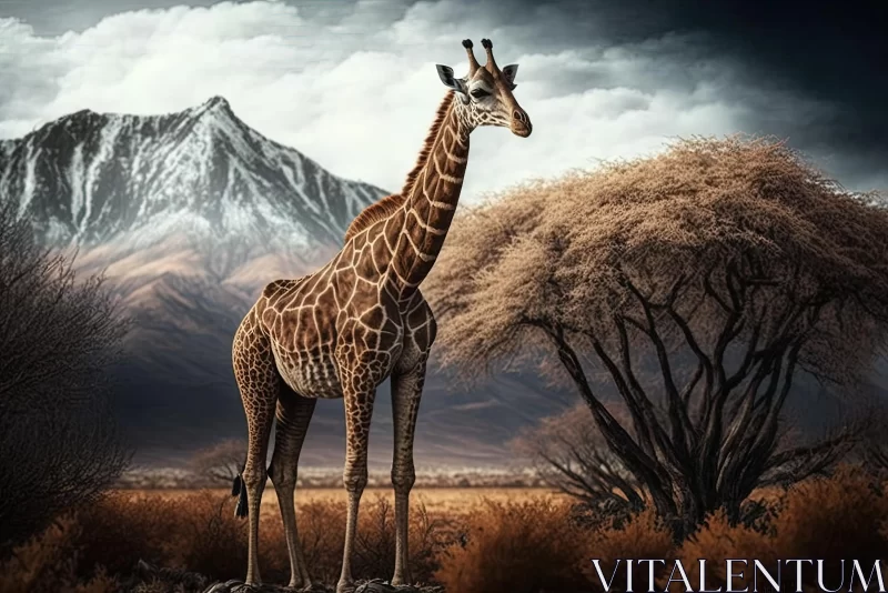 Majestic Giraffe in an Open Field: Realistic Hyper-Detailed Rendering AI Image