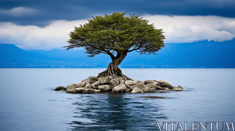 Majestic Solitude: A Lone Tree on a Tiny Island in the Ocean AI Image