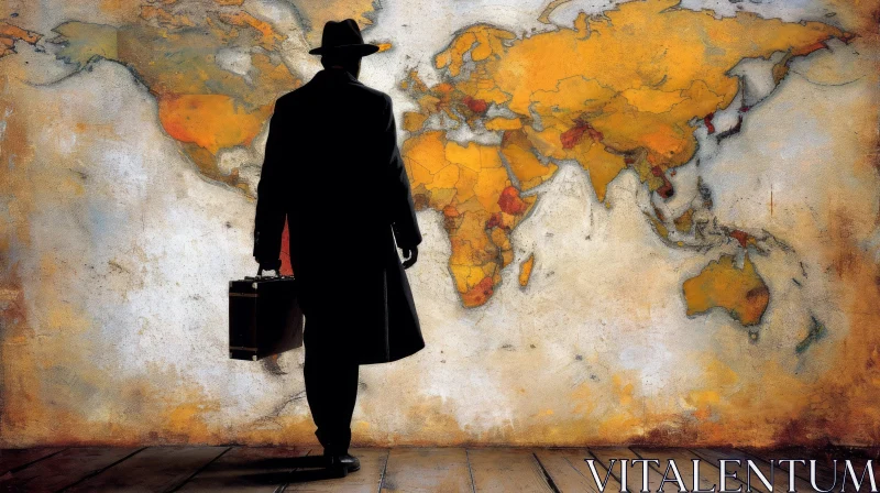Mysterious Man with Suitcase in front of Sepia World Map AI Image