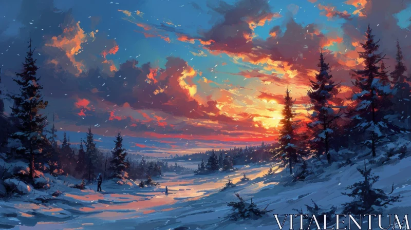 Serene Winter Landscape with Gradient Sky and Snowy Trees AI Image
