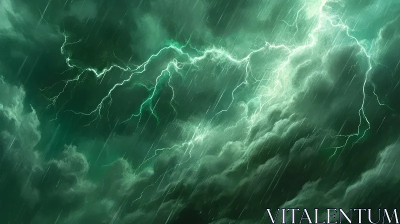 Stormy Sky - Dark Green Background with Lightning Bolts AI Image