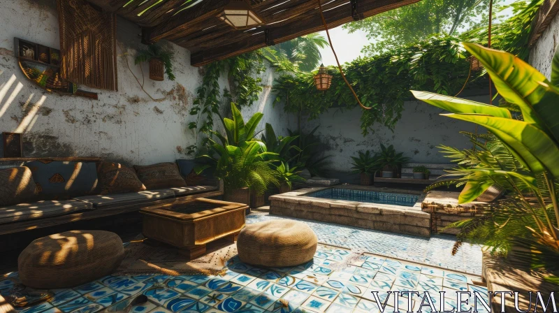 Captivating Moroccan-Style Courtyard with Lush Plants and Flowers AI Image