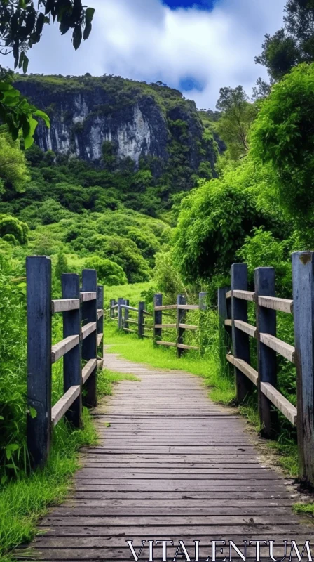 Captivating Wooden Bridge Over a Serene Hillside AI Image
