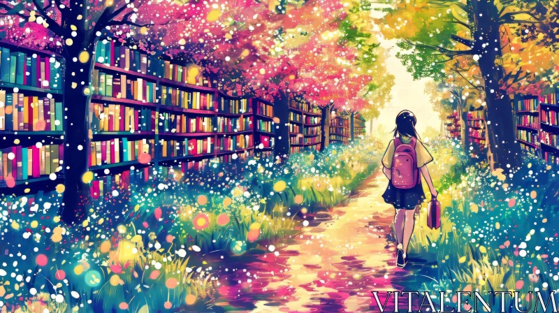 Enchanting Forest Illustration: Girl Walking Down Path AI Image