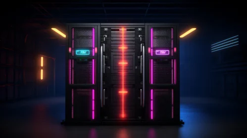 Enigmatic Server Room Illuminated by Pink and Blue Glow