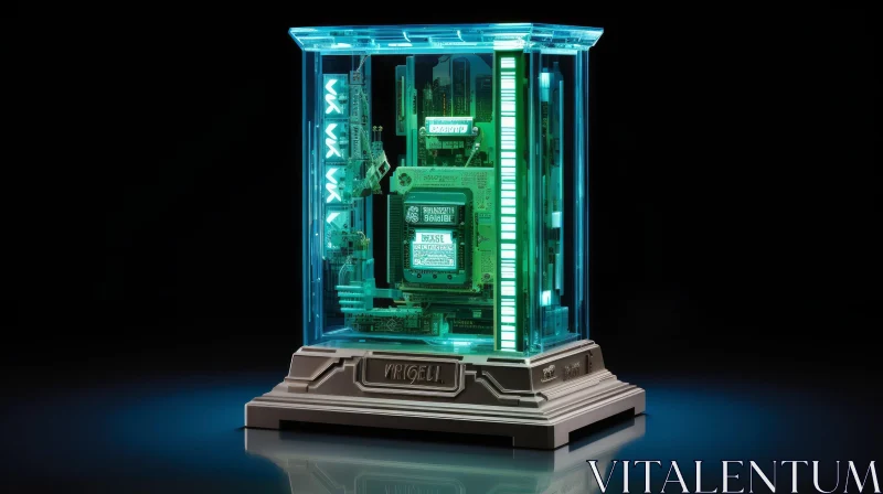 Glass Computer Case 3D Rendering with Green and Blue Lights AI Image