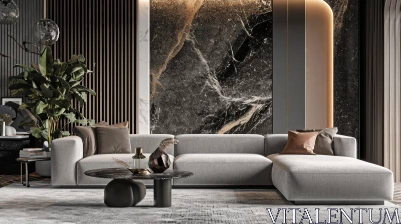 Luxurious Modern Living Room with Dark Wood Paneling and Marble Floors AI Image