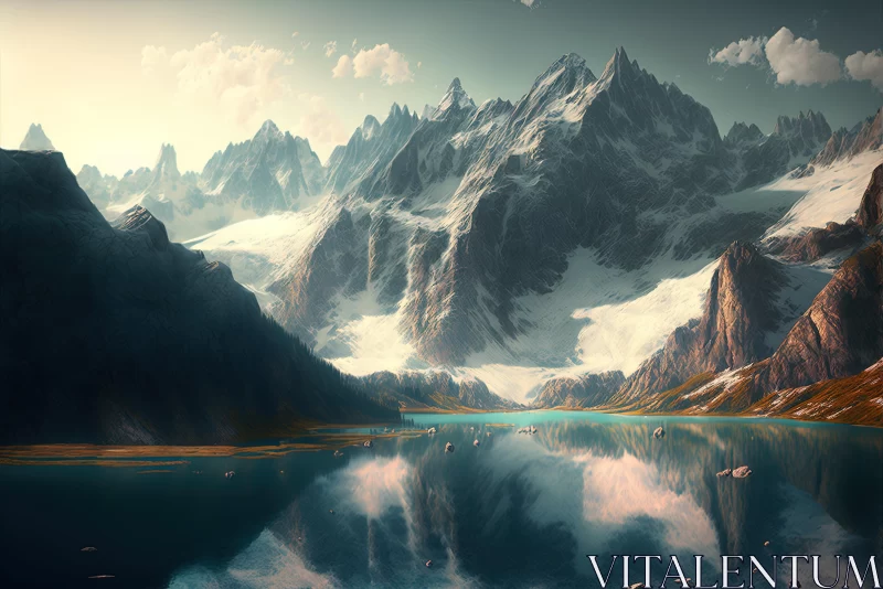 Mesmerizing Mountain and Serene Lake: A Captivating Nature Scene AI Image