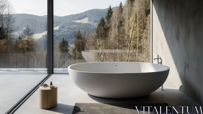Modern Bathroom with Concrete Bathtub and Forest View AI Image