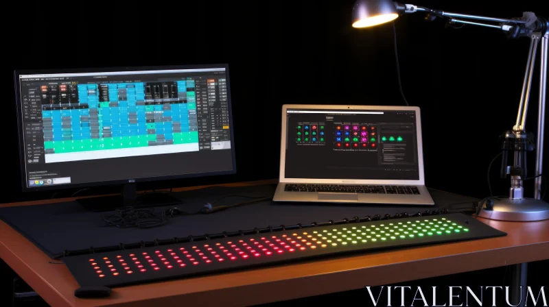 AI ART Music Producer Desk Setup with Computer, Laptop, and MIDI Controller