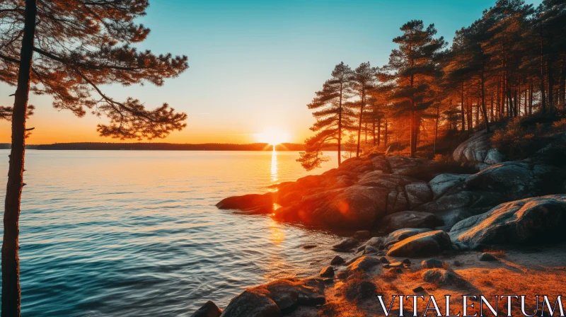 Serene Sunset over Lake with Trees on the Shore AI Image