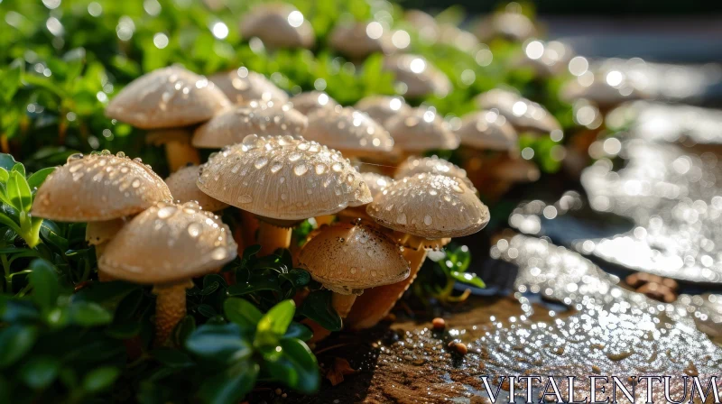 Sparkling Mushrooms in Sunlight | Nature Photography AI Image