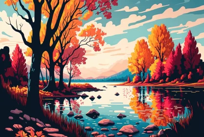 Vibrant Autumn Landscape Painting with Trees and River