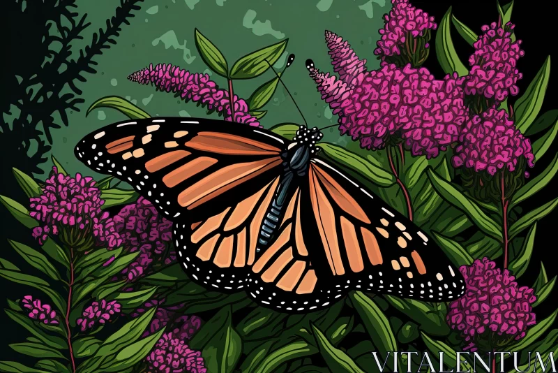 Vibrant Monarch Butterfly on Purple Flowers - Whimsical Illustration AI Image