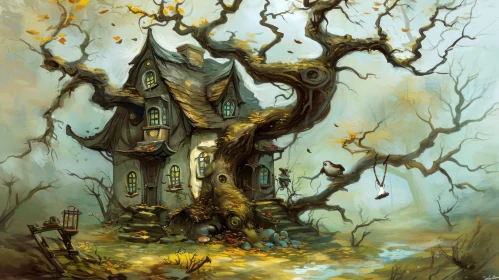 Whimsical Treehouse in Nature | Enchanting Digital Painting