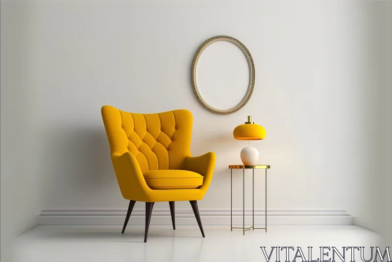 AI ART Yellow Armchair on White Background with Gold Lamp - Retro-style Design
