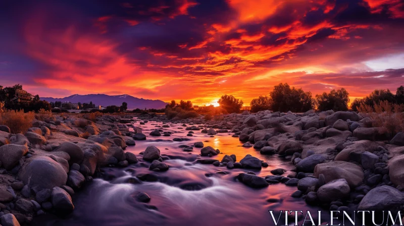 Breathtaking Sunset Over River and Rocks - Vibrant Colors AI Image