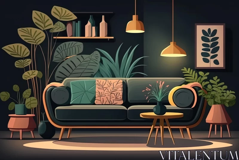 AI ART Captivating Flatstyle Sofa with Plants in a Dark Room