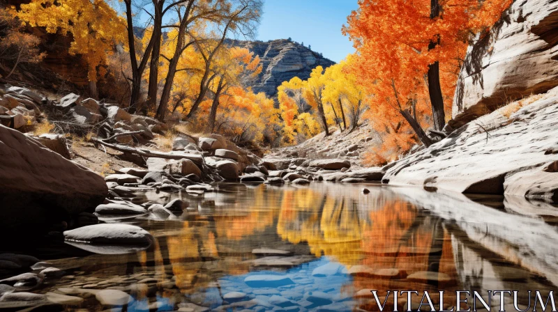 Captivating Spring Creek in a Canyon with Vibrant Orange Trees AI Image