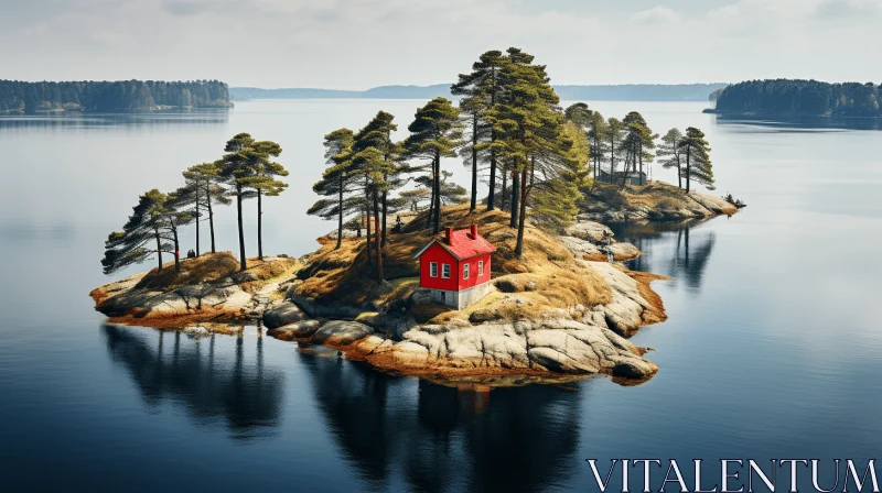 Charming Red Cottage on Isolated Island | 3D Illustration AI Image