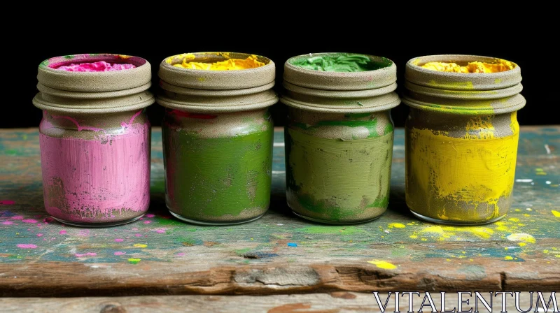 AI ART Colorful Glass Jars with Paint on Wooden Table - Abstract Art