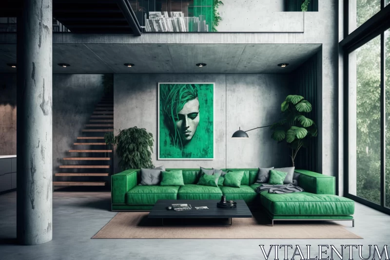 Green Sofa in a Modern Living Room: Industrial Elegance and Bold Color Scheme AI Image