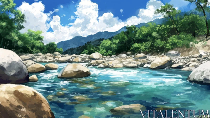 Peaceful Landscape with River, Mountains, and Trees AI Image