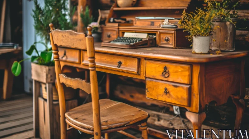 Rustic Vintage Wooden Desk and Chair with Typewriter and Candlestick Phone AI Image