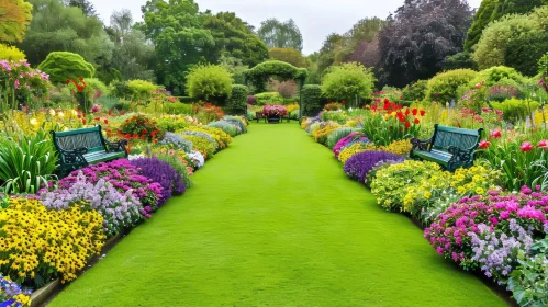 Serene Garden with Lush Green Lawn and Colorful Flower Beds