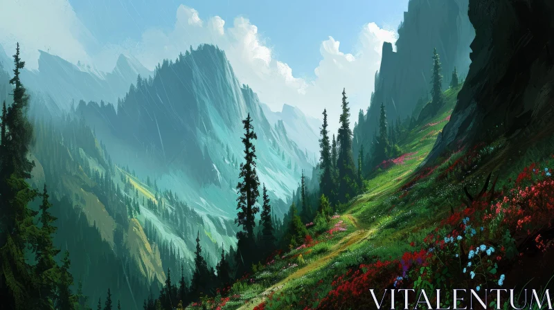 Tranquil Mountain Valley Landscape Painting AI Image