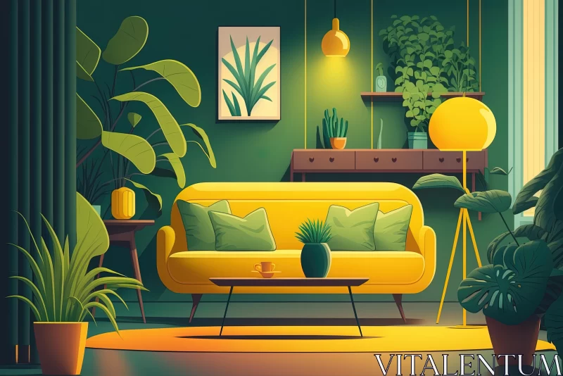AI ART Captivating Living Room with Yellow Couch and Green Plants