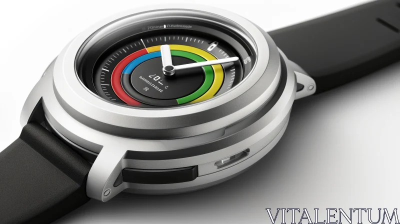 Close-up of a Colorful Silver Wristwatch with Black Leather Strap AI Image