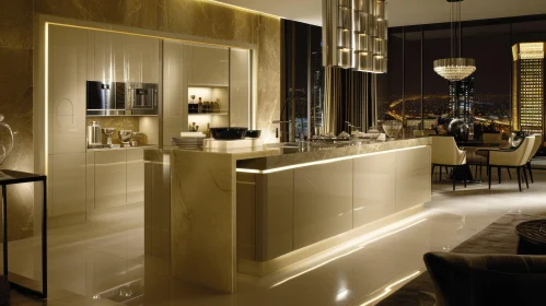 Contemporary Kitchen with White and Brown Marble | City View