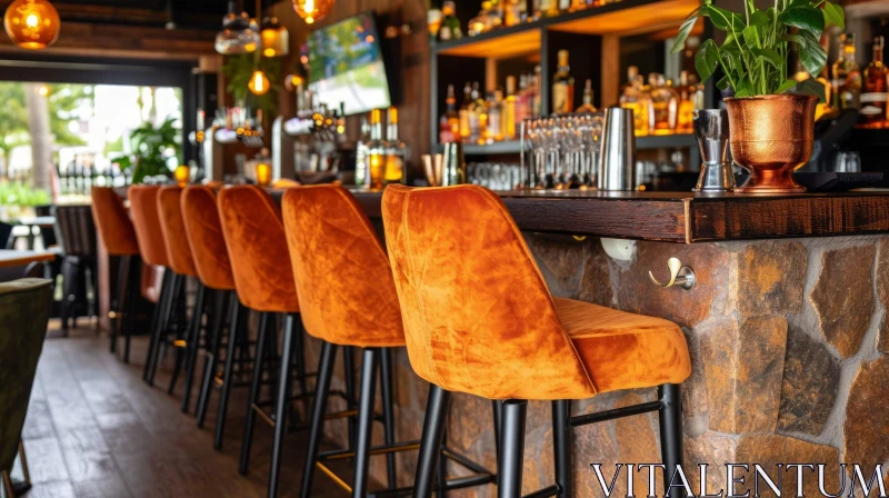 Cozy Bar with Velvet Chairs and Wooden Bar Counter AI Image