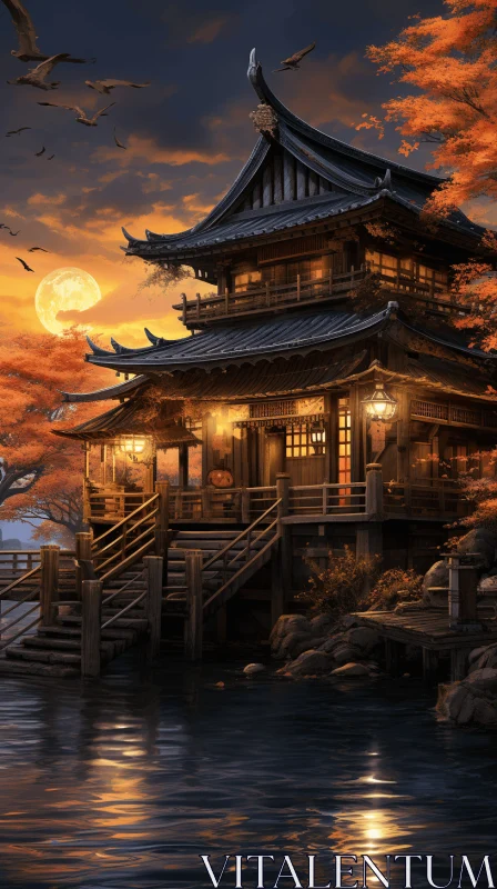Enchanting Japanese Temple by the Flowing River - Detailed Fantasy Art AI Image